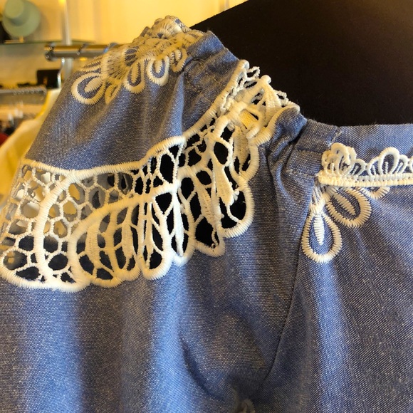 Chambray w/ Lace Eyelet Detail Off Shoulder Blouse - Picture 2 of 7